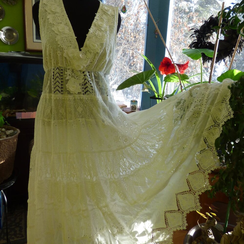GOTH BOHO PRAIRIE WEDDING WHITE FLORAL EYELET WOVEN TIERED FULL MAXI DRESS XL